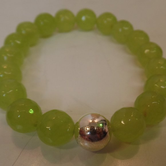 Jewelry - Lime Faceted Cut Glass Beaded Bracelet W 9.25 Sterling Silver Bead 7" $116 NWOT